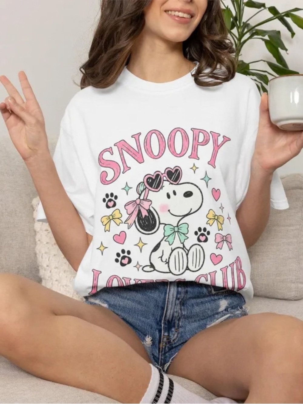 Funny Cartoon White Graphic Tee for Women’s- Pink Snoop Dog Accents